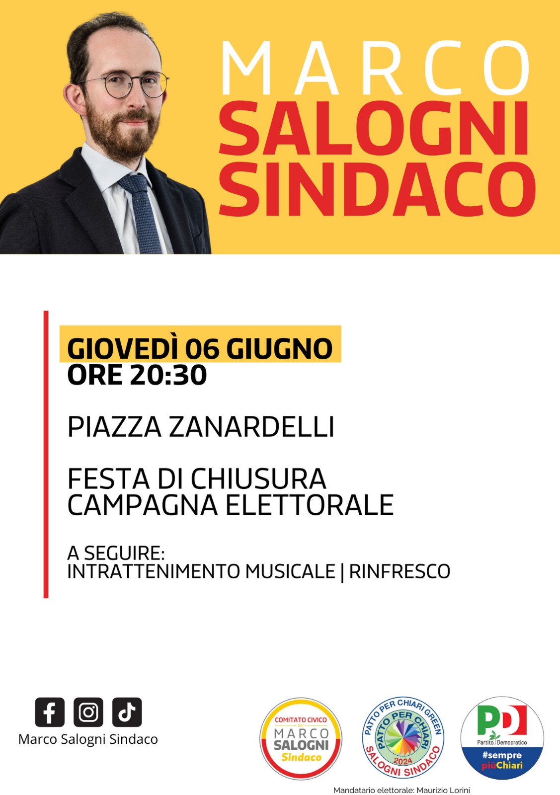 Locandina con la data dell'aperitivo di fine campagna elettorale: Giovedì 6 giugno ore 20:30 piazza Zanardelli a Chiari